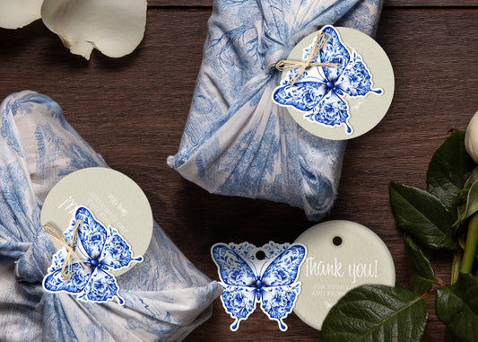Beige Round Paper Tags with Blue and White Chinoiserie Butterfly Ornaments - Personalisable