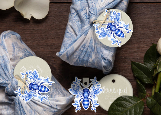 Beige Round Paper Tags with Blue and White Chinoiserie Bee Ornaments - Personalisable