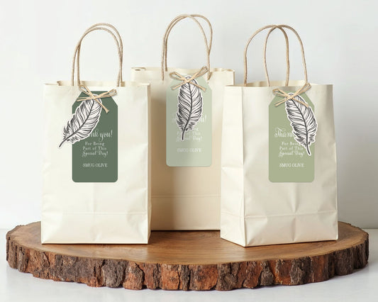 Boho Olive Green Gift Tags with Feather Labels - Personalisable