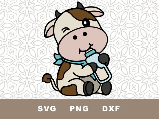 Cute Baby cow drinking a bottle graphic craft image (Blue)