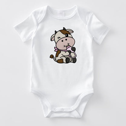 Cute Baby cow drinking a bottle graphic craft image (Pink)